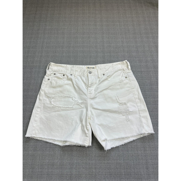 Madewell Shorts Women size 30" White Denim Boyfriend Patches Distressed Raw Edge - Picture 1 of 10